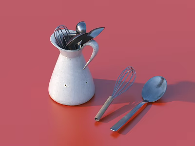 Kitchen Utensils Set With White Pitcher Metal Whisk And Spoons On Red Background 3d model