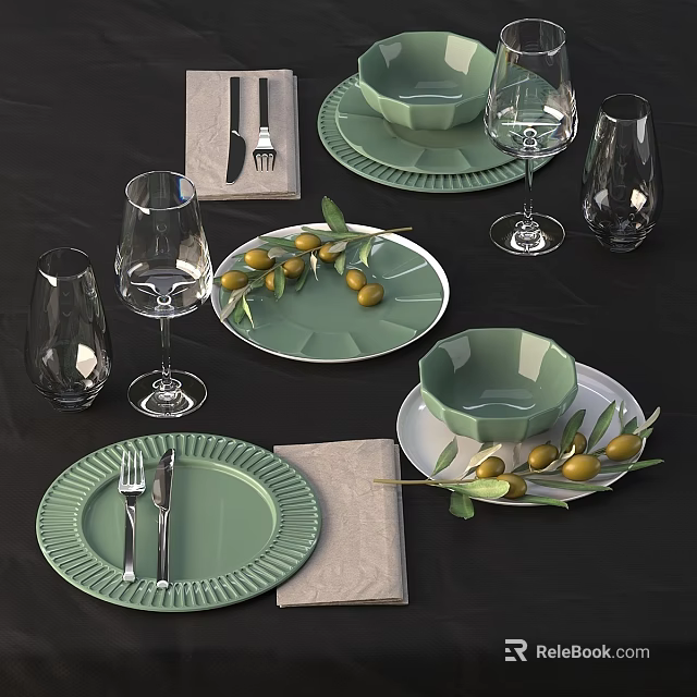 Dining Table Setup With Green Plates Olive Branches Glassware Cutlery And Napkins 3d model 