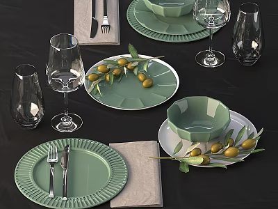 Dining Table Setup With Green Plates Olive Branches Glassware Cutlery And Napkins 3d model