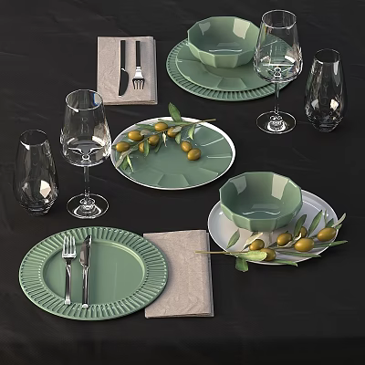 Dining Table Setup With Green Plates Olive Branches Glassware Cutlery And Napkins 3d model