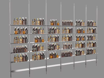 Modern Decorative Cabinet With Multiple Tiered Metal Shelves Holding Glass Bottles 3d model