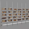 Modern Decorative Cabinet With Multiple Tiered Metal Shelves Holding Glass Bottles