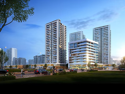 Modern High Rise Residential Building Featuring Urban Landscape Blue Sky White Clouds and Green Trees 3d model