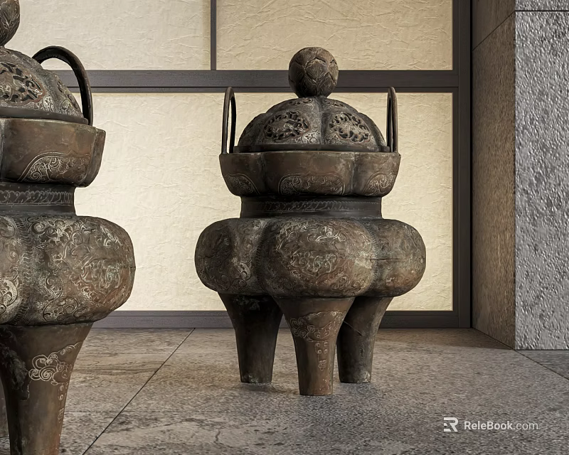 Ancient Bronze Tripod Cauldrons With Intricate Carvings And Three Legs On Stone Floor 3d model 