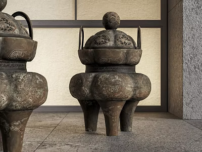 Ancient Bronze Tripod Cauldrons With Intricate Carvings And Three Legs On Stone Floor 3d model