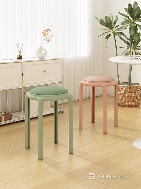 Modern Minimalist Green And Pink Leisure Stools In Indoor Home With Wooden Floor 3d model 