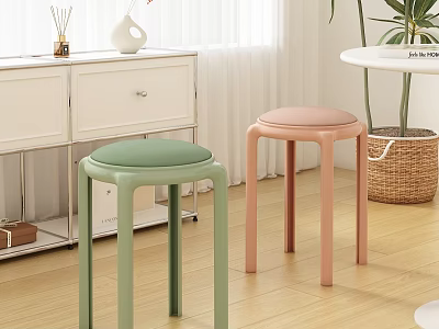 Modern Minimalist Green And Pink Leisure Stools In Indoor Home With Wooden Floor 3d model
