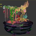 Decorative Bonsai Scene With Blue Branches Pink Cherry Blossom Red Lanterns And Green Grass