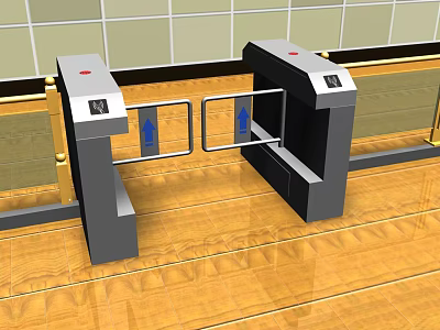 Modern Public Facility Security Turnstile With Glass Gates And Wooden Floor 3d model