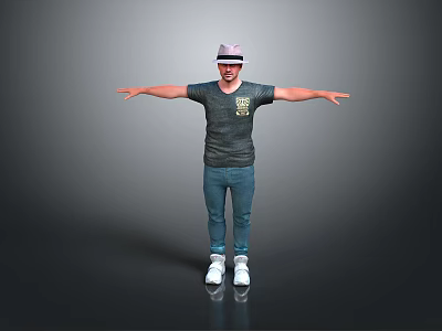 Man Wearing Hat Dark T-shirt Jeans White Sneakers With Arms Outstretched Standing Against Gray Background 3d model