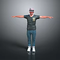 Man Wearing Hat Dark T-shirt Jeans White Sneakers With Arms Outstretched Standing Against Gray Background