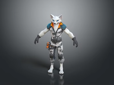 Anthropomorphic White Feline Character With Blue Eyes And Futuristic Armor Shoulder Accents 3d model