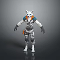 Anthropomorphic White Feline Character With Blue Eyes And Futuristic Armor Shoulder Accents
