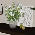 Glass Vase With White Flowers And Yellow Pear On Wooden Shelf With Line Art