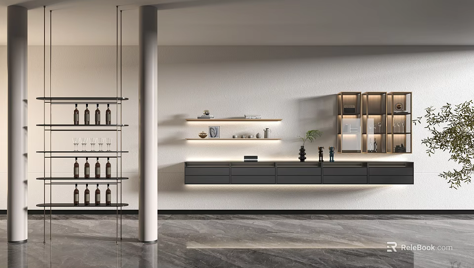 Modern Wall Mounted Display Cabinet with Glass Shelves LED Lighting Wine Bottles and Decorative Items 3d model 