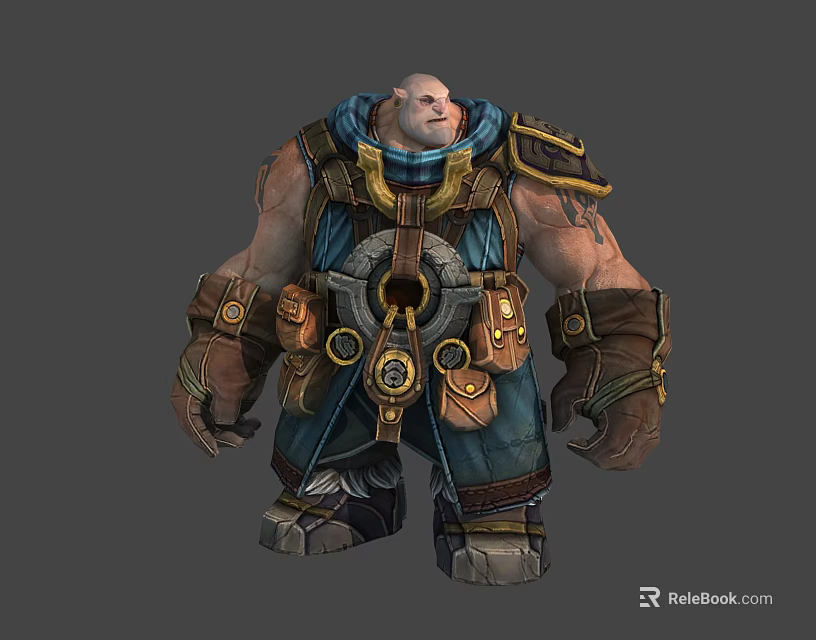 Muscular Male Warrior In Blue Brown Outfit With Gold Decorations Round Waist Device And Tattoos 3d model 