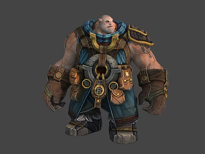 Muscular Male Warrior In Blue Brown Outfit With Gold Decorations Round Waist Device And Tattoos 3d model