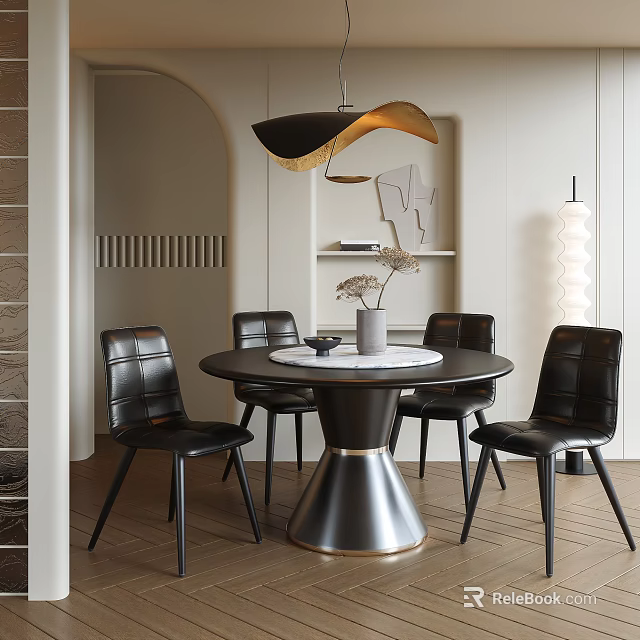 Modern Round Dining Table Set With Black Leather Chairs Metal Base And Pendant Light 3d model 