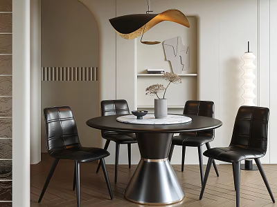 Modern Round Dining Table Set With Black Leather Chairs Metal Base And Pendant Light 3d model