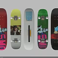 Colorful Skateboards With Various Graphic Art Designs And Different Color Patterns On Deck