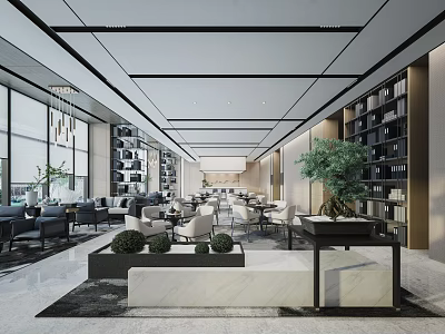 Modern Luxurious Lounge Area With Spacious Space Floor-to-ceiling Windows Bookshelves Green Plants Sofas And Tables 3d model