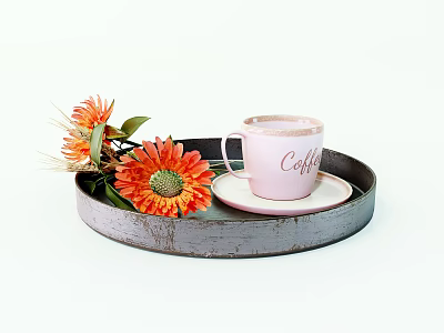 Stylish Gray Tray With Pink Coffee Cup Saucer And Orange Flowers 3d model