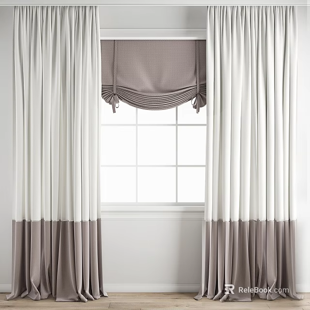 Modern White and Brown Curtains with Valance for White Paned Window 3d model