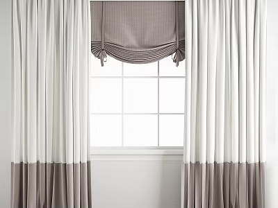 Modern White and Brown Curtains with Valance for White Paned Window 3d model