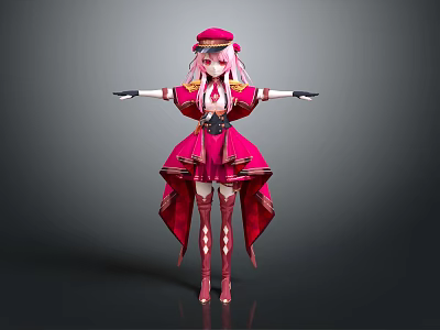 Pink Haired Female Character Wearing Red Hat Dress and Long Boots 3d model