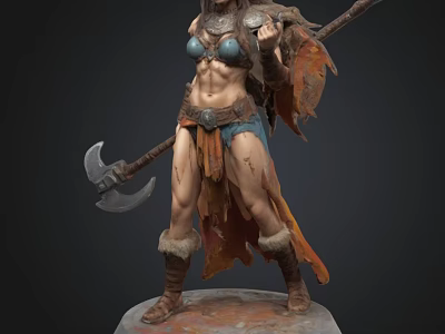 Fantasy Female Warrior Statue With Axe Spear And Fur Trimmed Armor 3d model