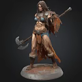 Fantasy Female Warrior Statue With Axe Spear And Fur Trimmed Armor