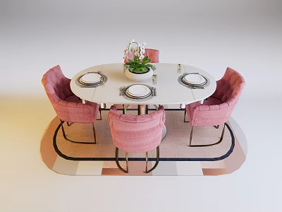 Pink Velvet Dining Table Set With White Oval Table Gold Legs And Flower Vase 3d model