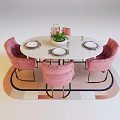 Pink Velvet Dining Table Set With White Oval Table Gold Legs And Flower Vase