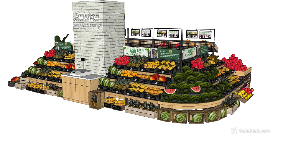 Wooden Multi tiered Display Shelves For Fresh Fruits And Vegetables In Supermarket 3d model 
