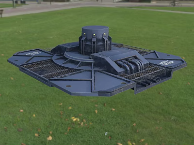 Metallic Floating Mechanical Device With Grid Structure In Green Grassy Field 3d model