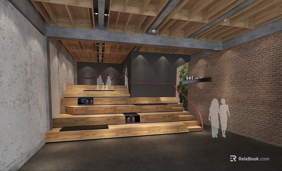Cultural Center Interior With Wooden Stairs Red Handrail People Silhouettes Green Plants And Brick Walls 3d model 