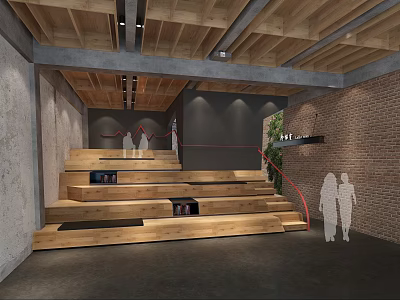 Cultural Center Interior With Wooden Stairs Red Handrail People Silhouettes Green Plants And Brick Walls 3d model