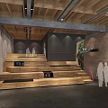 Cultural Center Interior With Wooden Stairs Red Handrail People Silhouettes Green Plants And Brick Walls