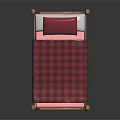Wooden Bed With Decorative Bedposts Red And Black Plaid Blanket And Red Pillow Interior