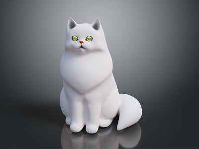 White Long Haired Cat With Bright Yellow Eyes Sitting On Black Reflective Surface 3d model