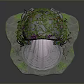 Enchanted Archway With Pink Flowers Vines Lanterns Circular Stone Slab And Green Grass