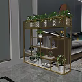 Golden Multi Tiered Lattice Flower Stand With Green Plants And Decorative Items