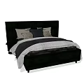 Double Bed With Black Upholstered Headboard Multiple Colored Pillows And Gray White Striped Comforter 3d model
