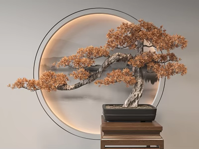 Bonsai Tree With Curved Trunk And Orange Brown Foliage Like Circular Backlight On Wooden Stand 3d model