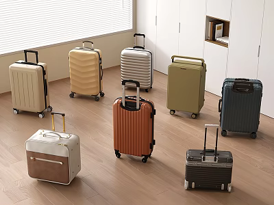 Various Colored Suitcases With Trolley Handles And Rolling Wheels In Modern Room 3d model