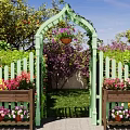 Courtyard Garden with Green Arched Gate White Picket Fence Colorful Flower Boxes and Hanging Flowers