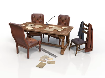 Vintage Building Interior With Wooden Dining Table Brown Leather Chairs Coat Papers And Quill Pen 3d model