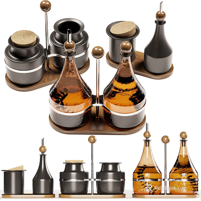 Modern Kitchenware Set Of Amber Glass Condiment Bottles And Spice Jars With Wooden Lids 3d model 