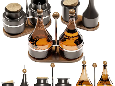 Modern Kitchenware Set Of Amber Glass Condiment Bottles And Spice Jars With Wooden Lids 3d model