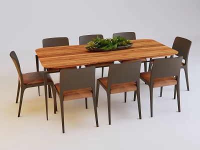 Wooden Conference Table With Rectangular Design Green Plant And Six Chairs 3d model